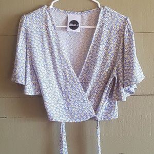 Blue yellow floral wrap crop blouse ASOS XS